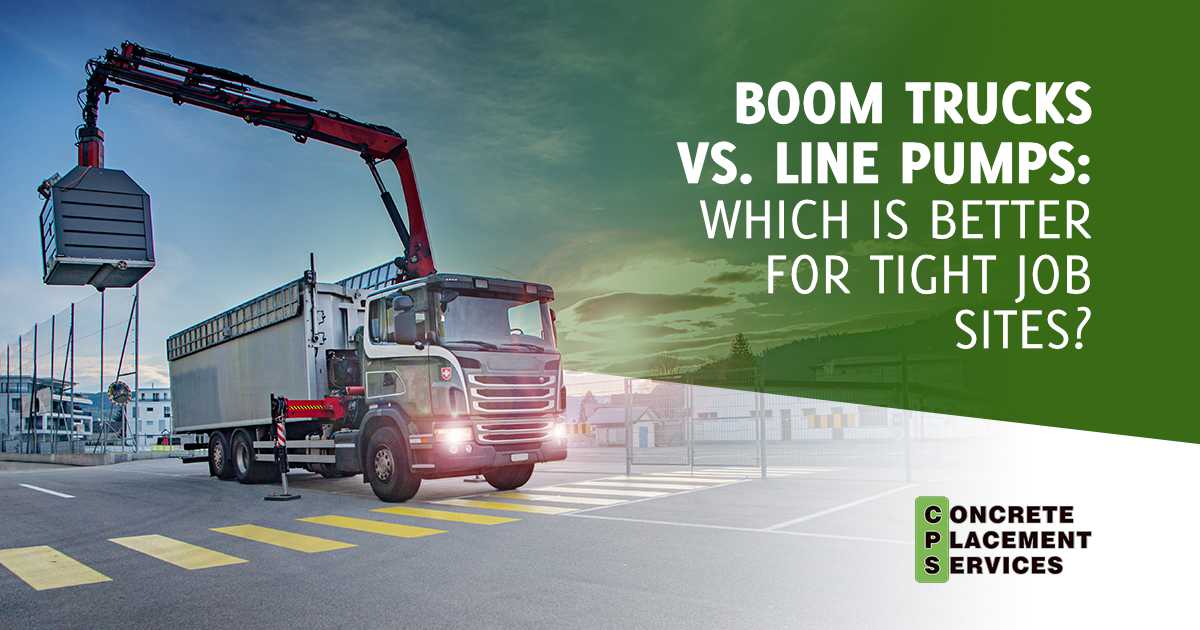 Truck with crane emptying recyclable materials to support a green planet, featuring Concrete Placement Services and highlighting Boom Trucks vs. Line Pumps for tight job sites.