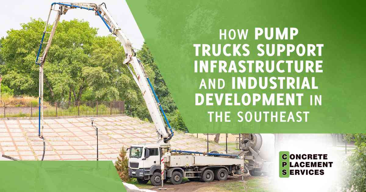 Truck-mounted concrete pump in operation for professional concrete placement services, supporting infrastructure and industrial development projects across the Southeast.