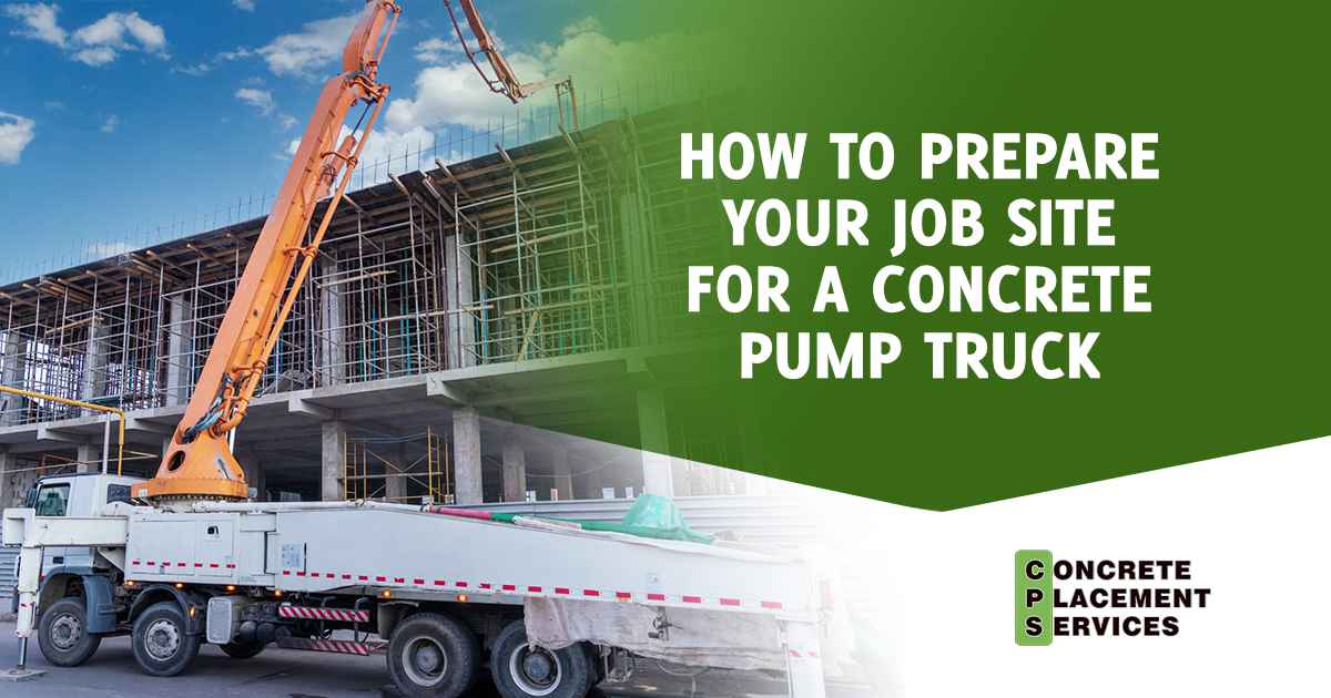 Concrete pump truck receiving concrete from a mixer truck and pouring it onto the floor at an active construction site, featuring Concrete Placement Services and highlighting how to prepare your job site for a concrete pump truck.