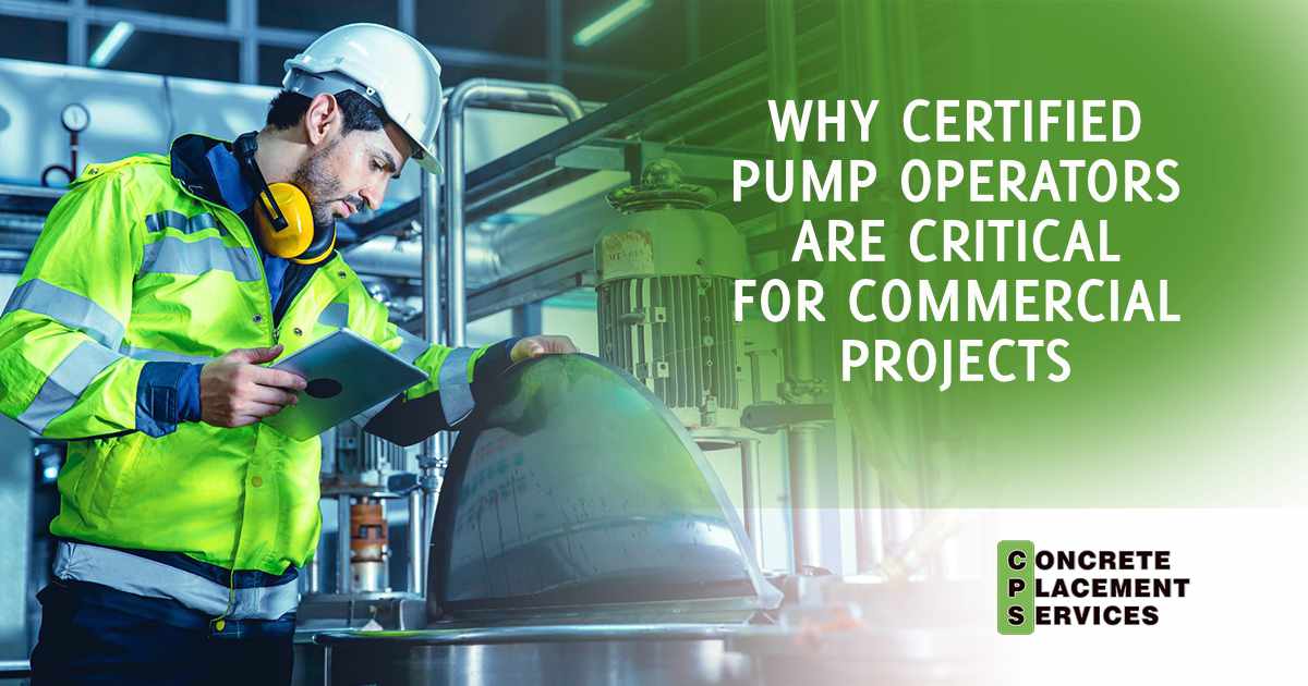 Concrete pump truck receiving concrete from a mixer truck and pouring it onto the floor at an active construction site, featuring Concrete Placement Services and highlighting how to prepare your job site for a concrete pump truck.