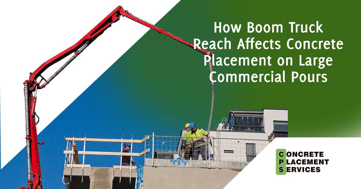 Boom pump extending toward a commercial construction area