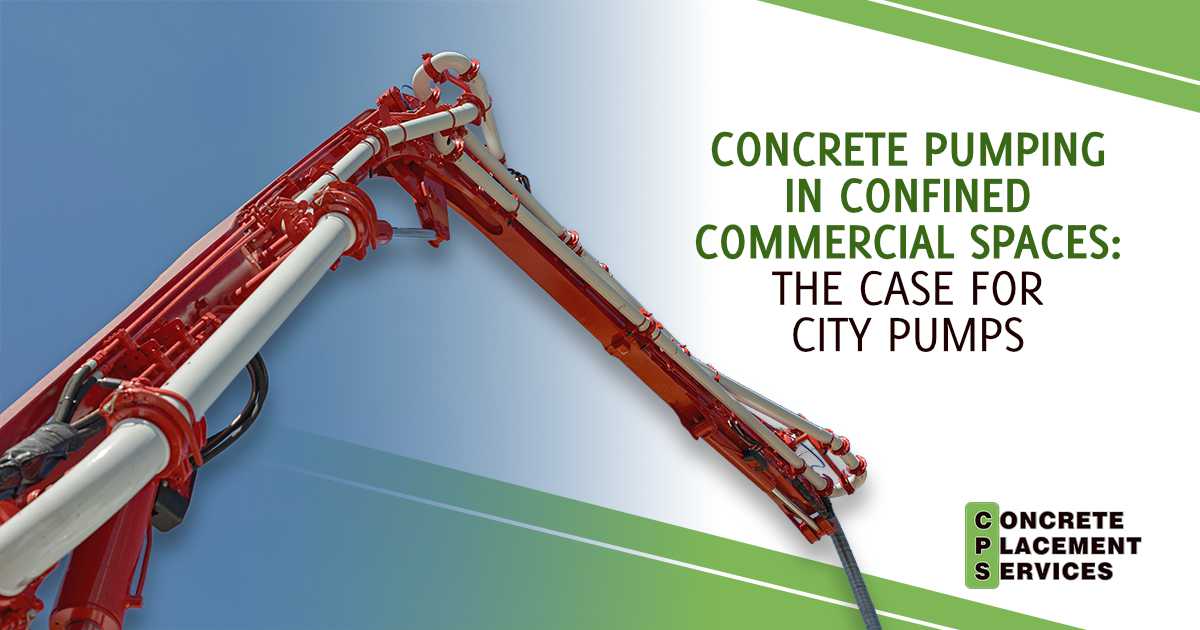 A compact concrete pump boom shown in a confined setting, representing equipment commonly used where space restrictions make larger pumps impractical.