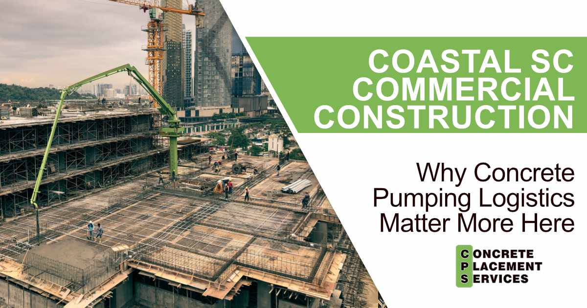 Concrete pump placing concrete at a large commercial construction site with structural framing and workers visible