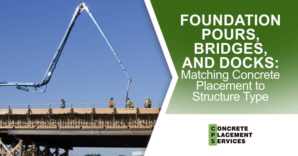 Concrete pump extending over a bridge construction project with workers positioned along the structure