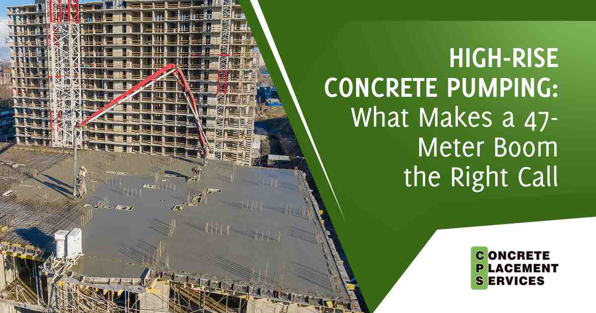 Concrete pump boom extending across a high-rise construction site