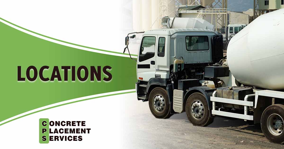 Image of a concrete mixer truck, featuring Concrete Placement Services and highlighting their various service locations.
