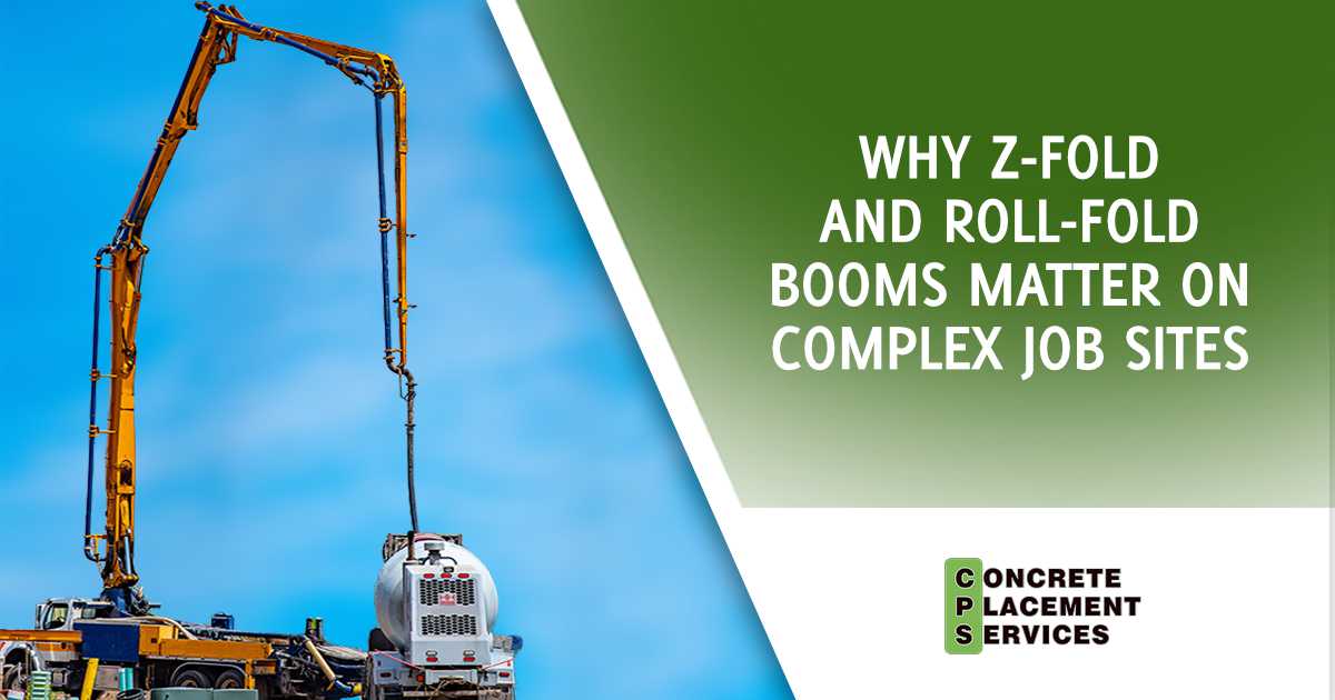 A concrete pump with a Z-fold boom operating above a construction site, demonstrating how articulated boom designs help reach challenging placement areas.